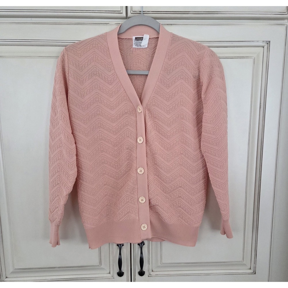 Vtg Montgomery Wards Zigzag Cardigan Womens Small Medium Peach Button Front